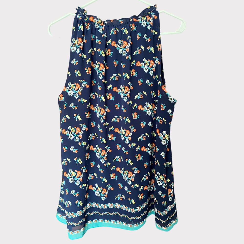 Max Studio Womens Medium Polyester Lined Blue Floral Top Tie Neck - Picture 6 of 13